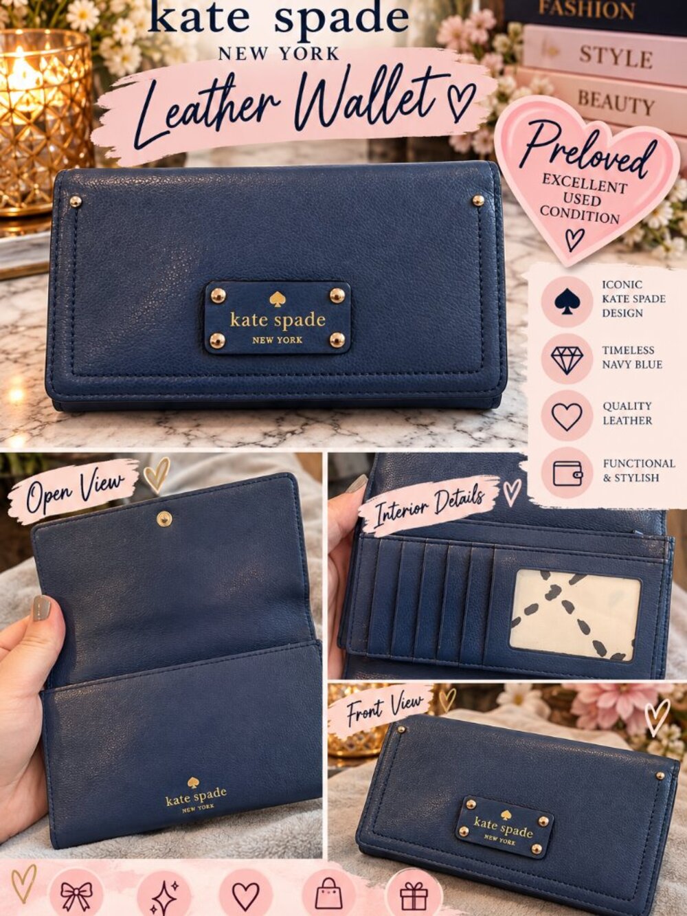 EUC Kate Spade New York Navy Blue Pebbled Leather Wallet | Gold Hardware